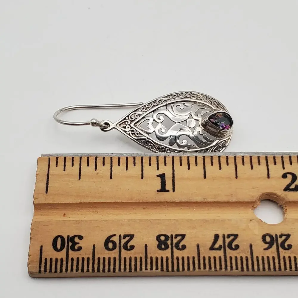 Sterling Silver 925 Mystic Topaz Dangle Filigree Pierced Hook Earrings 1.5